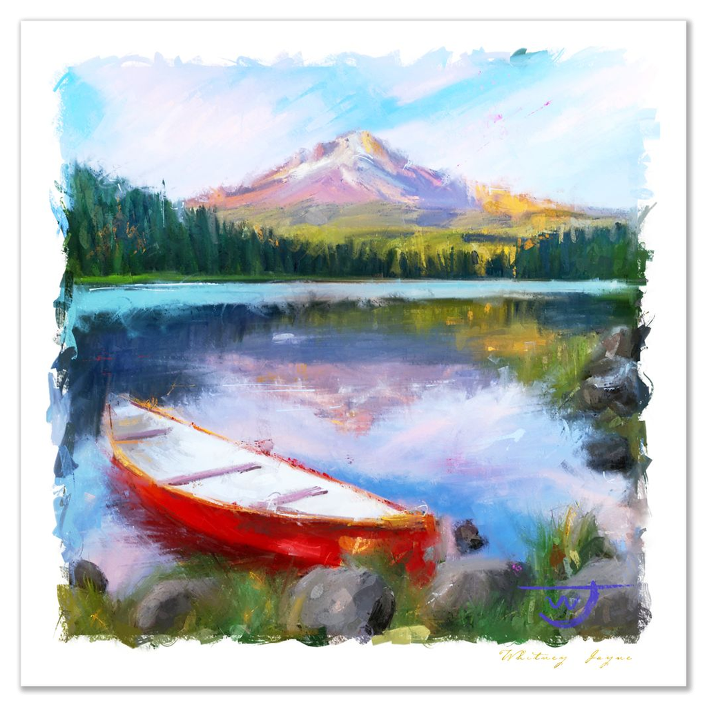 Mount Hood at Trillium Lake with red canoe